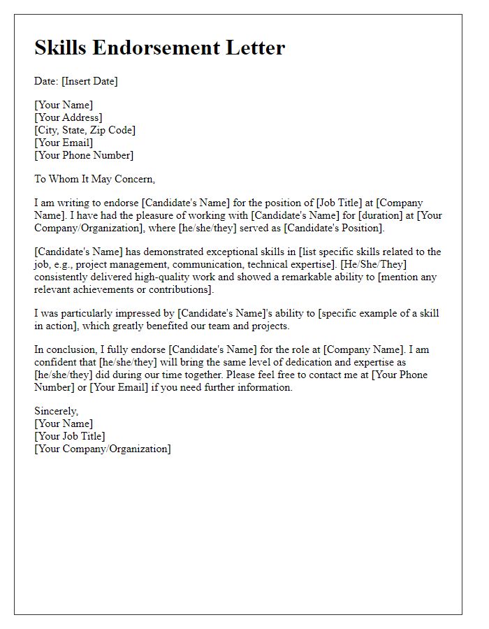 Letter template of skills endorsement for job application