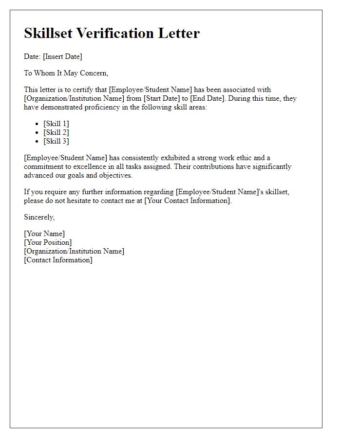 Letter template of skillset verification for academic purposes