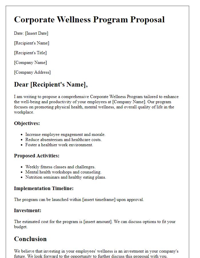 Letter template of a Corporate Wellness Program Proposal