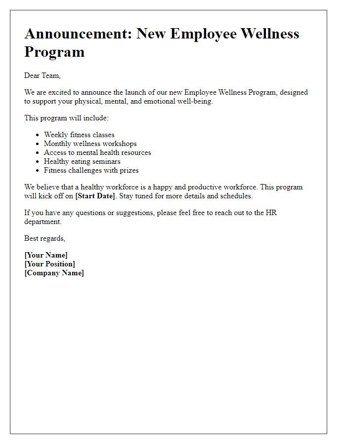 Letter template of an Employee Wellness Program Announcement