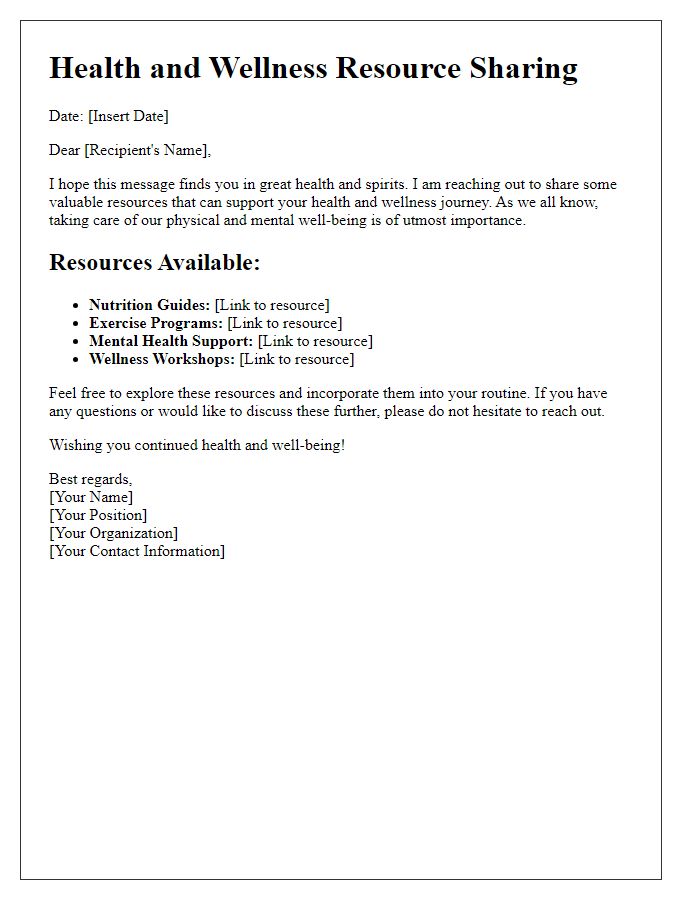 Letter template of a Health and Wellness Resource Sharing