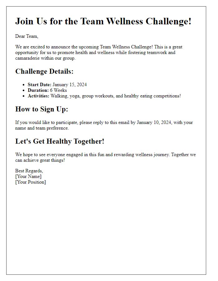 Letter template of a Team Wellness Challenge Signup