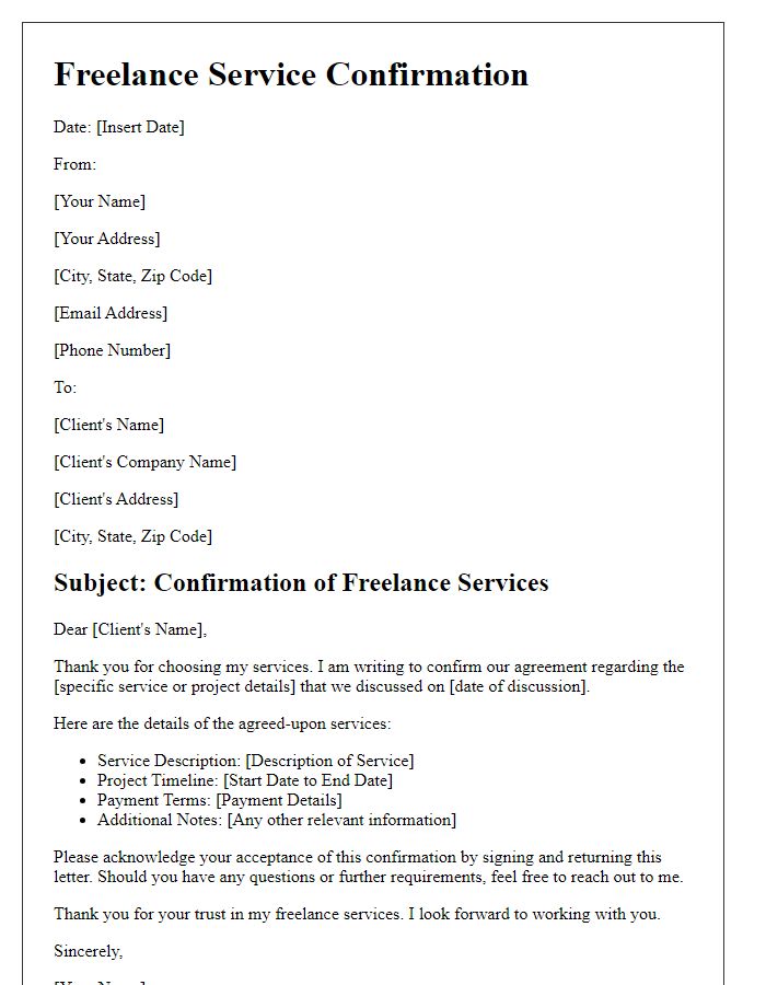 Letter template of freelance service confirmation