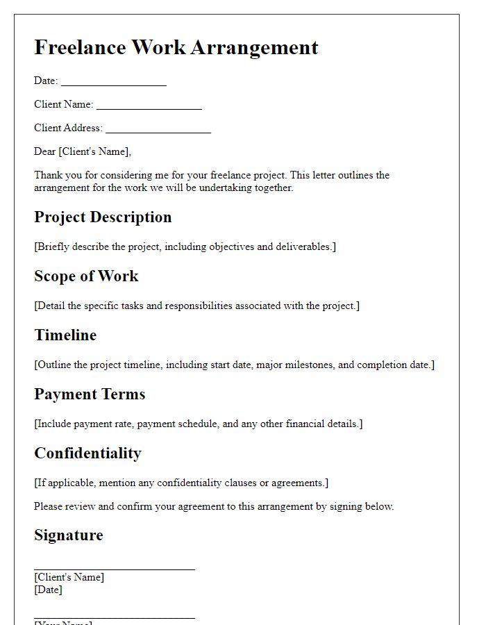 Letter template of freelance work arrangement