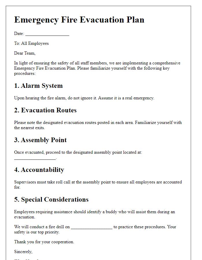 Letter template of Emergency Fire Evacuation Plan