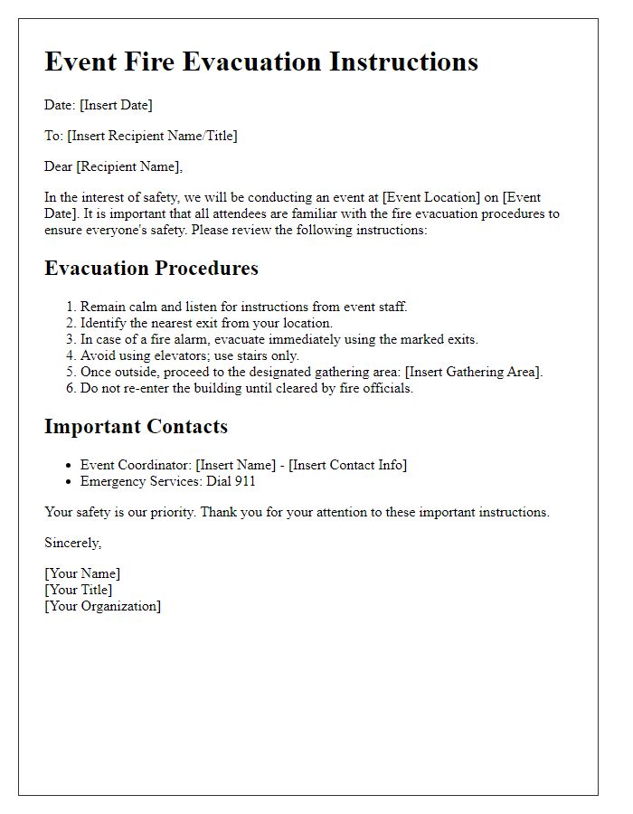 Letter template of Event Fire Evacuation Instructions