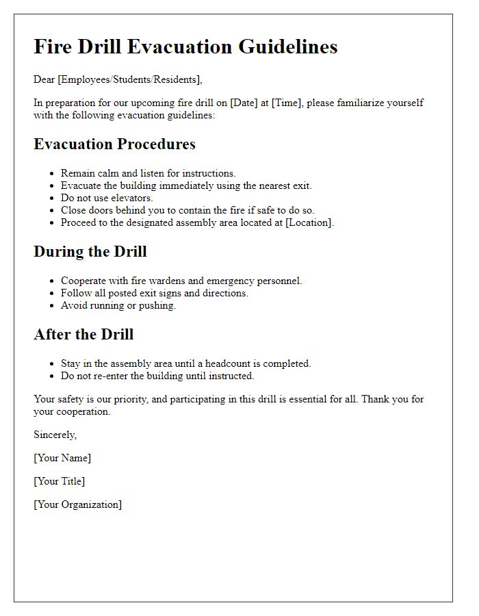 Letter template of Fire Drill Evacuation Guidelines