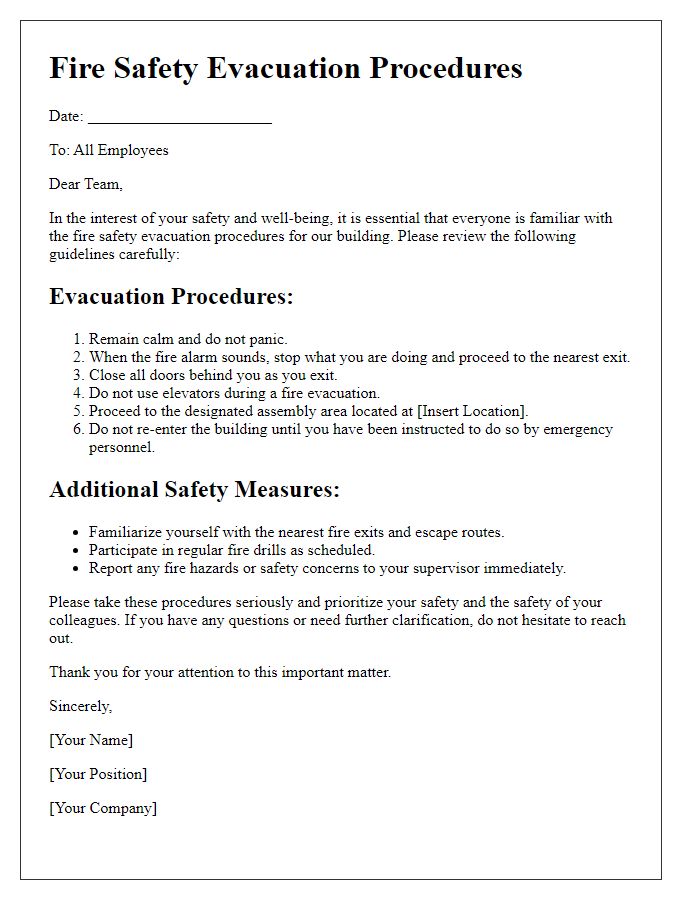 Letter template of Fire Safety Evacuation Procedures