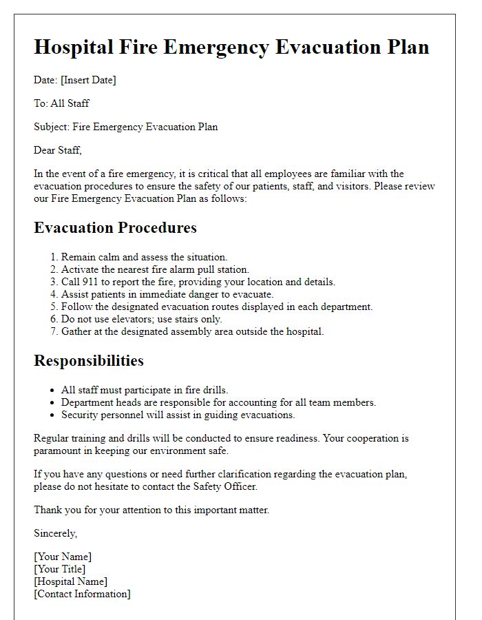 Letter template of Hospital Fire Emergency Evacuation Plan