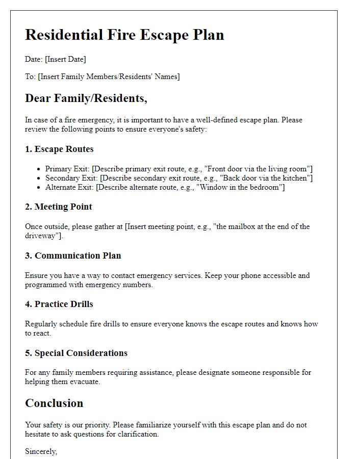 Letter template of Residential Fire Escape Plan