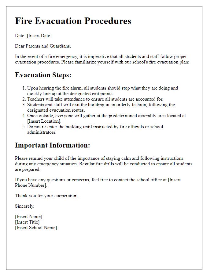 Letter template of School Fire Evacuation Procedures