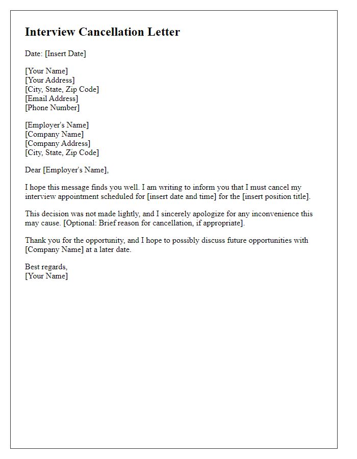 Letter template of cancellation of interview appointment