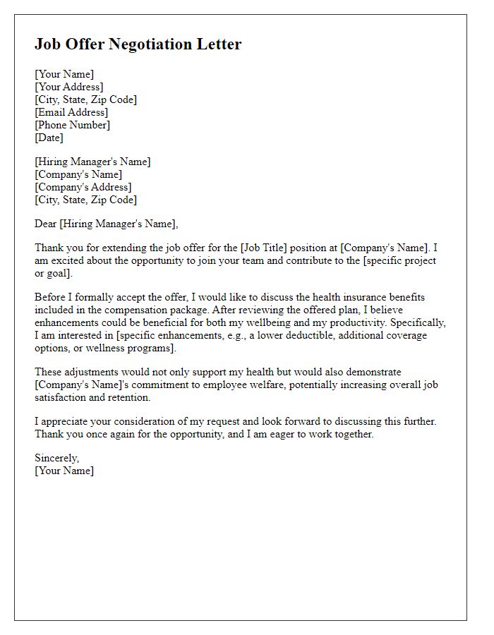 Letter template of job offer negotiation for health insurance enhancements