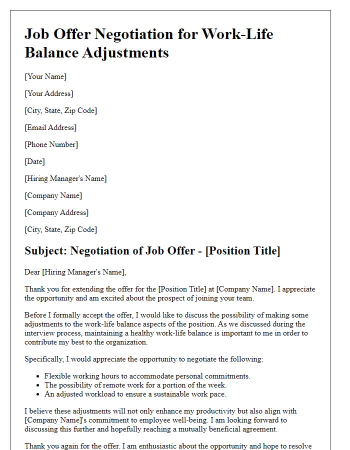 Letter template of job offer negotiation for work-life balance adjustments