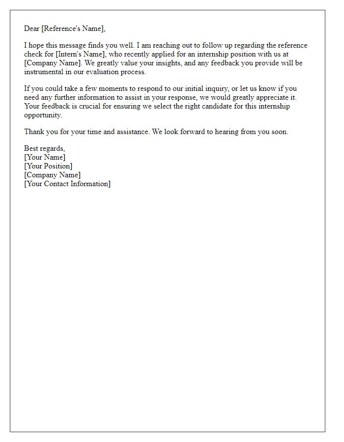 Letter template of reference check follow-up for internship evaluations.