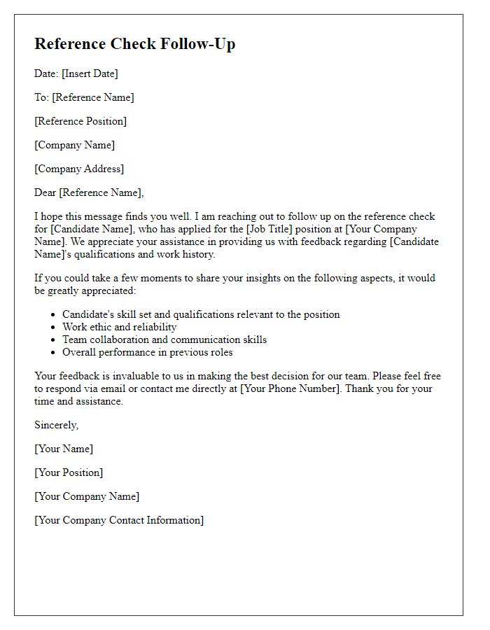 Letter template of reference check follow-up for job candidate feedback.