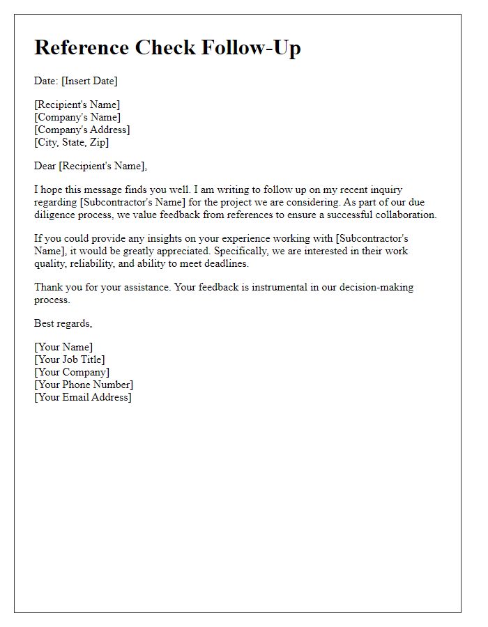 Letter template of reference check follow-up for subcontractor inquiries.