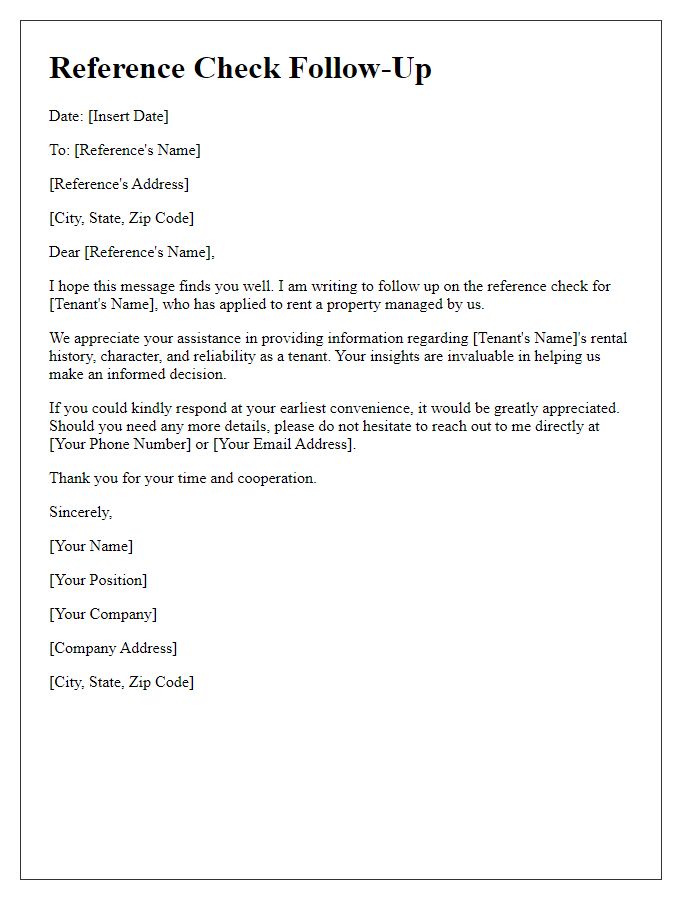 Letter template of reference check follow-up for tenant screening.