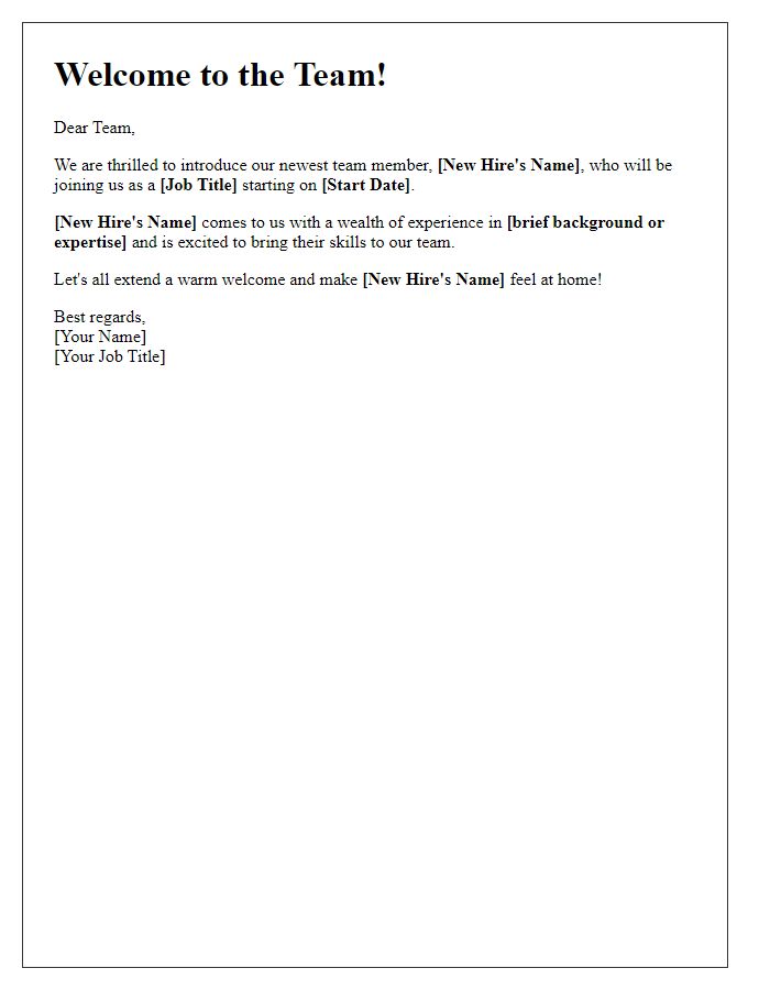 Letter template of greeting for a new hire's introduction.