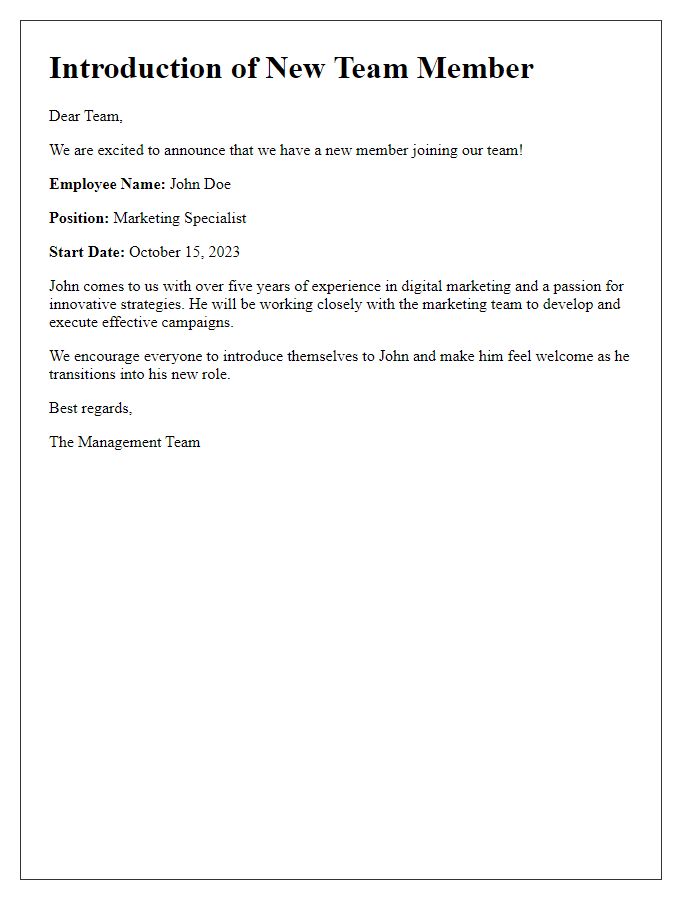 Letter template of introduction for newly hired staff member.