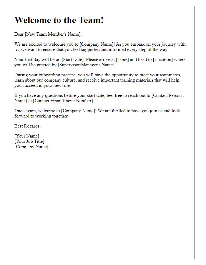 Letter template of onboarding message for new team member.