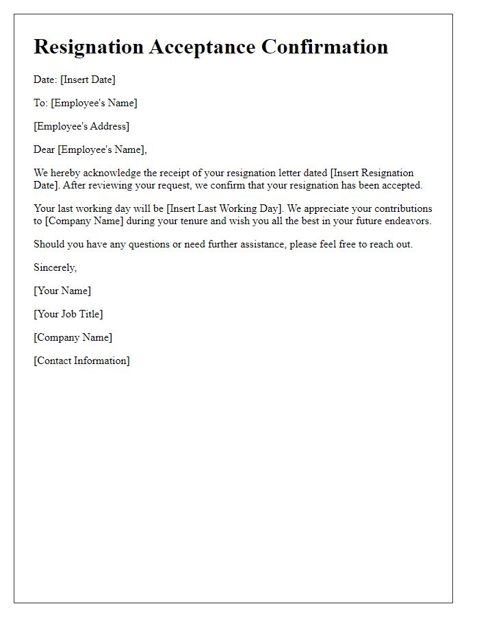 Letter template of Resignation Acceptance Confirmation for Employee Acknowledgment