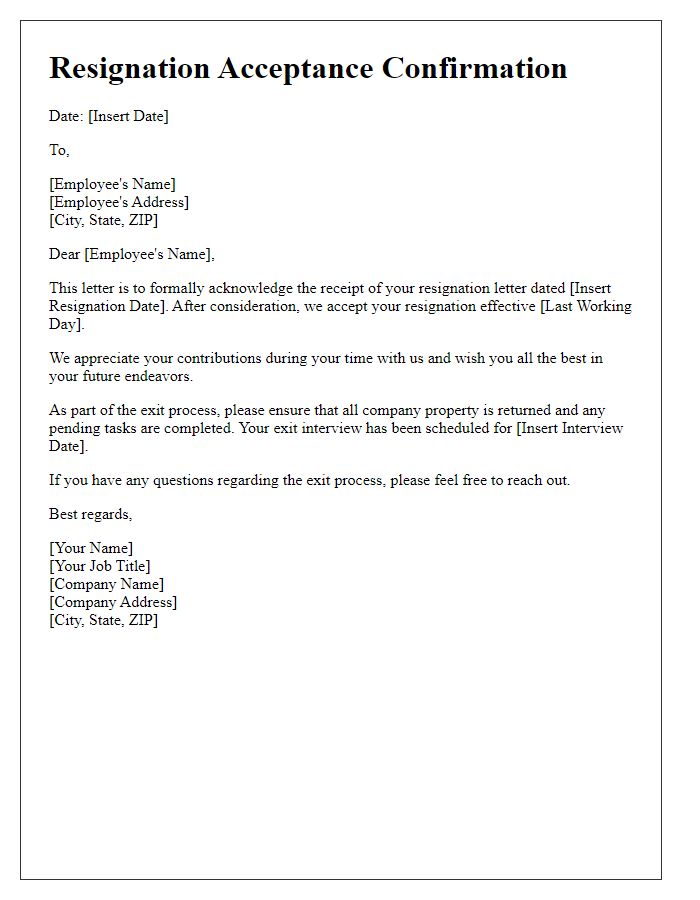 Letter template of Resignation Acceptance Confirmation for Exit Process Initiation