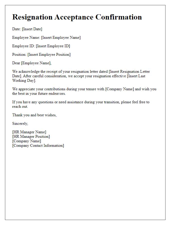 Letter template of Resignation Acceptance Confirmation for HR Record Keeping