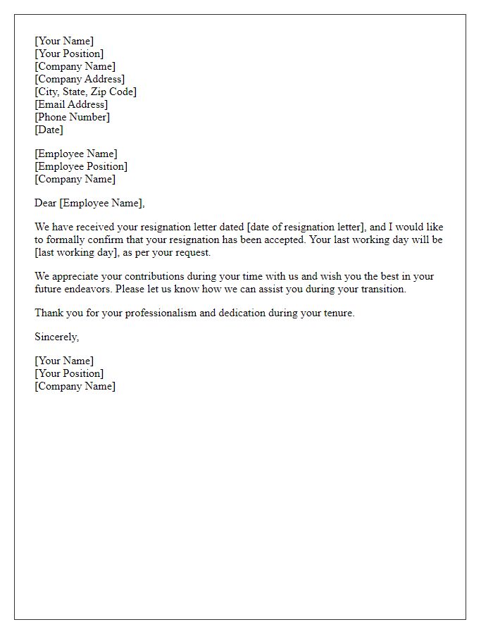 Letter template of Resignation Acceptance Confirmation for Manager Communication