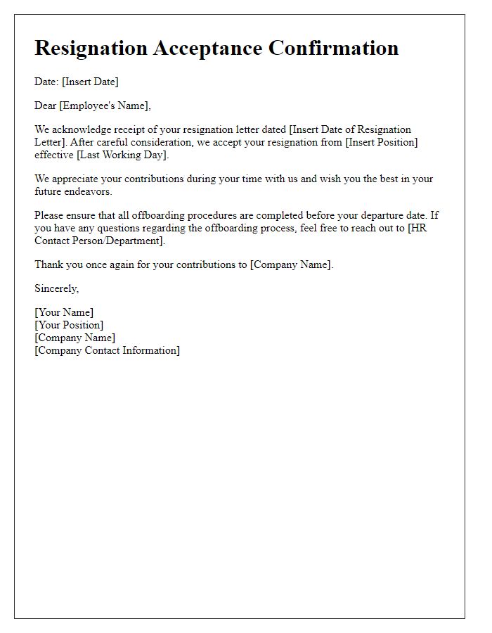 Letter template of Resignation Acceptance Confirmation for Offboarding Procedure