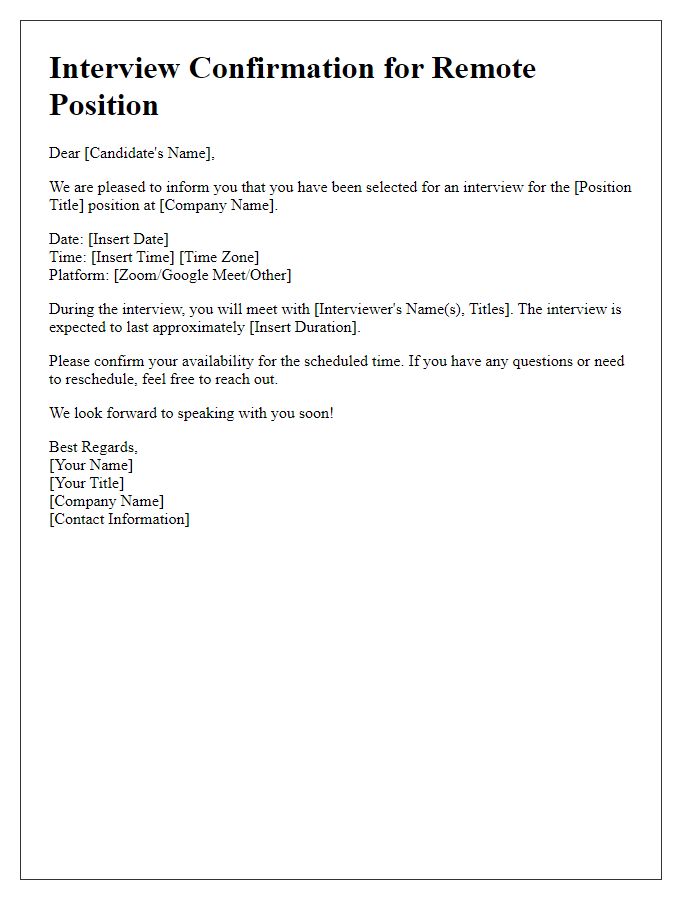 Letter template of interview confirmation for a remote position