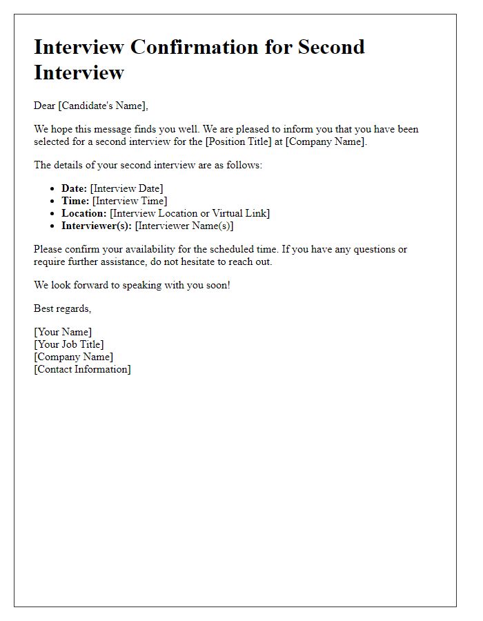 Letter template of interview confirmation for a second interview