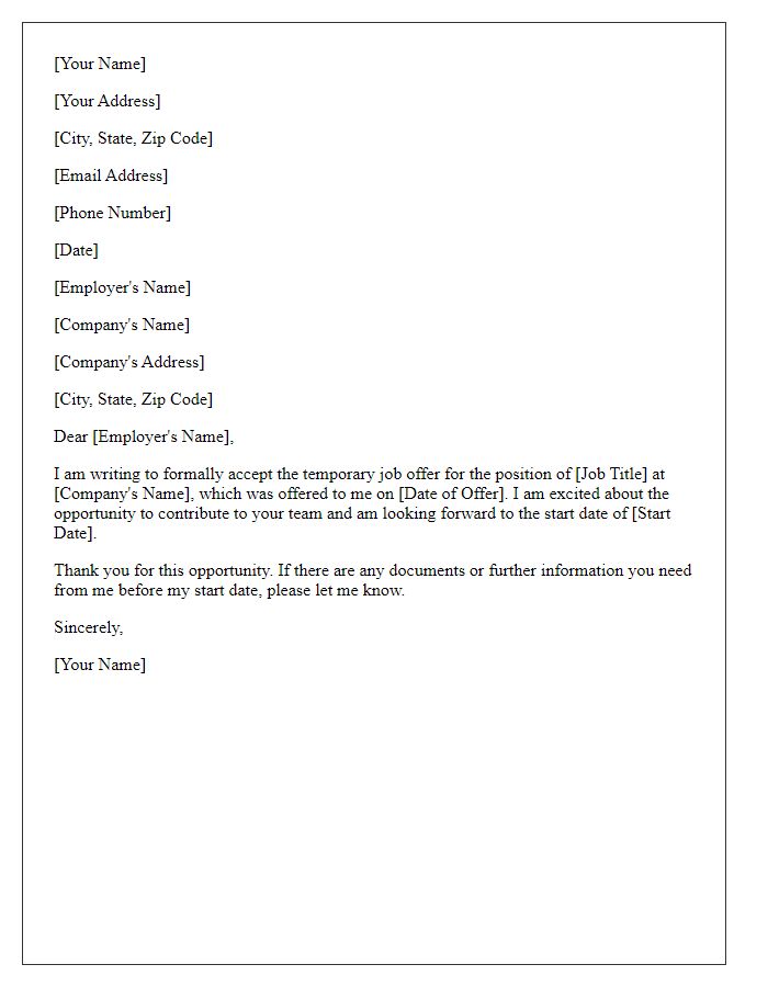 Letter template of temporary job offer acceptance