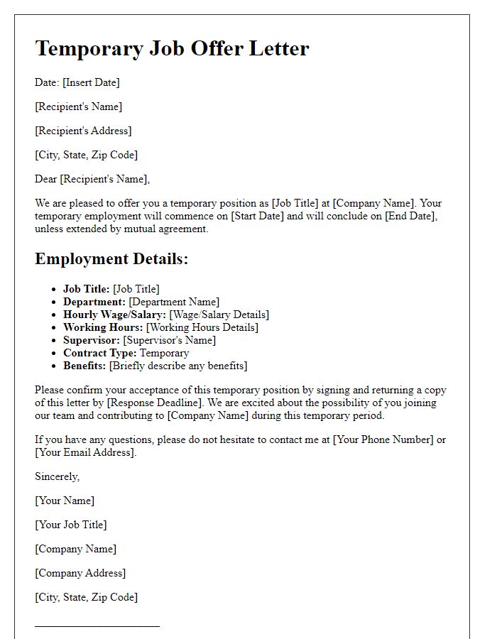 Letter template of temporary job offer with contract details