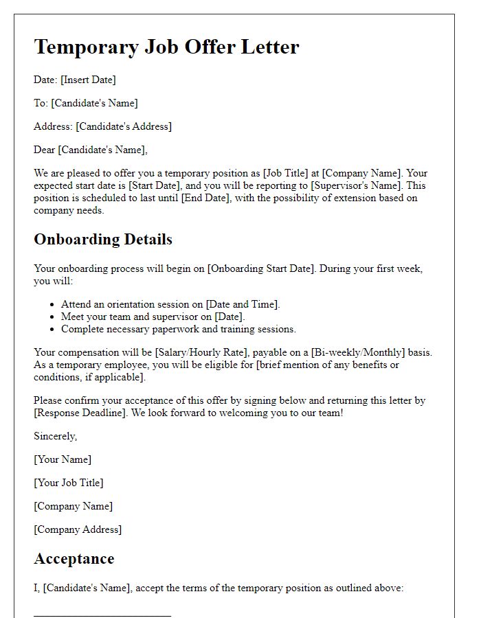 Letter template of temporary job offer including onboarding details