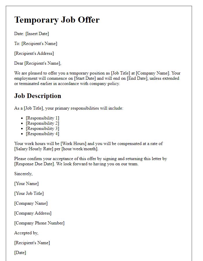 Letter template of temporary job offer with job description