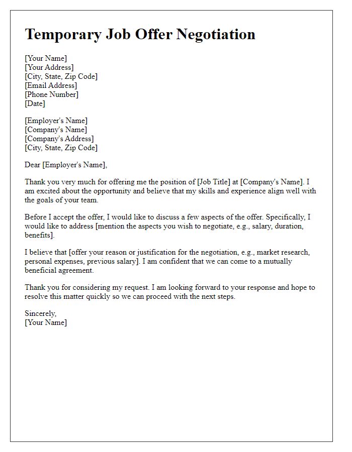 Letter template of temporary job offer negotiation