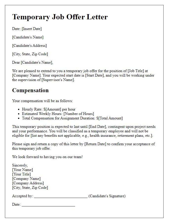 Letter template of temporary job offer outlining compensation