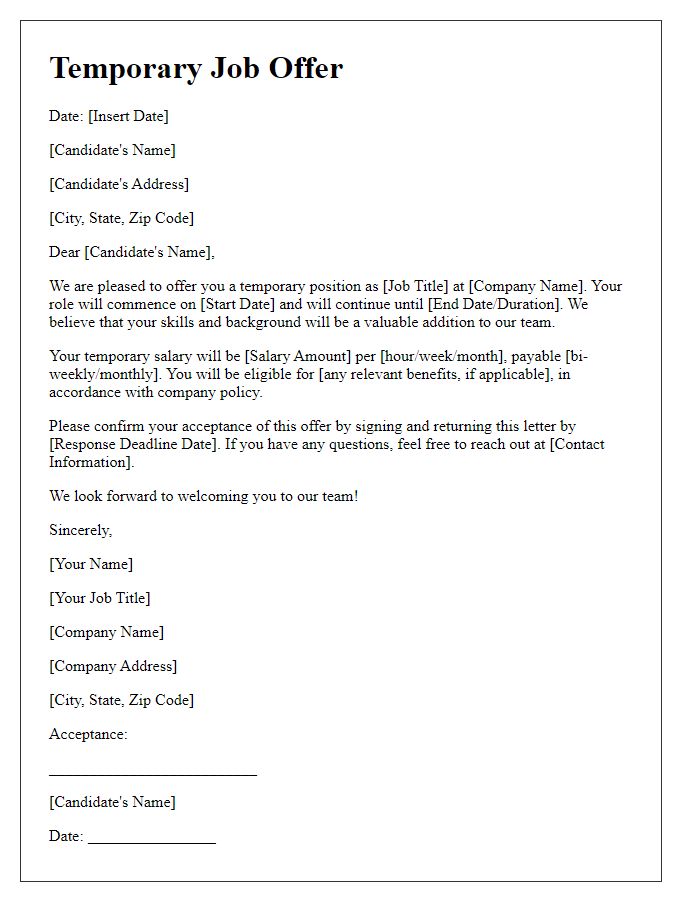 Letter template of temporary job offer with start date