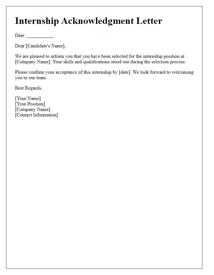 Letter template of acknowledgment for selected internship candidates