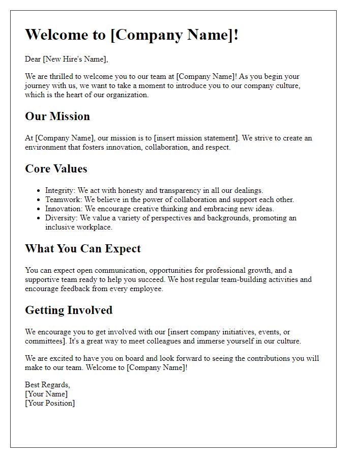 Letter template of company culture introduction for new hires