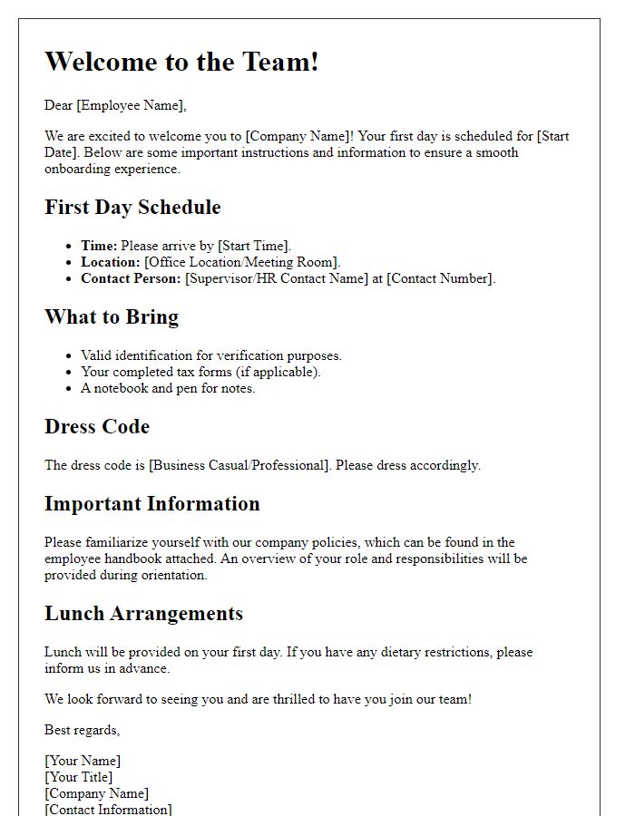 Letter template of first-day instructions for new employees