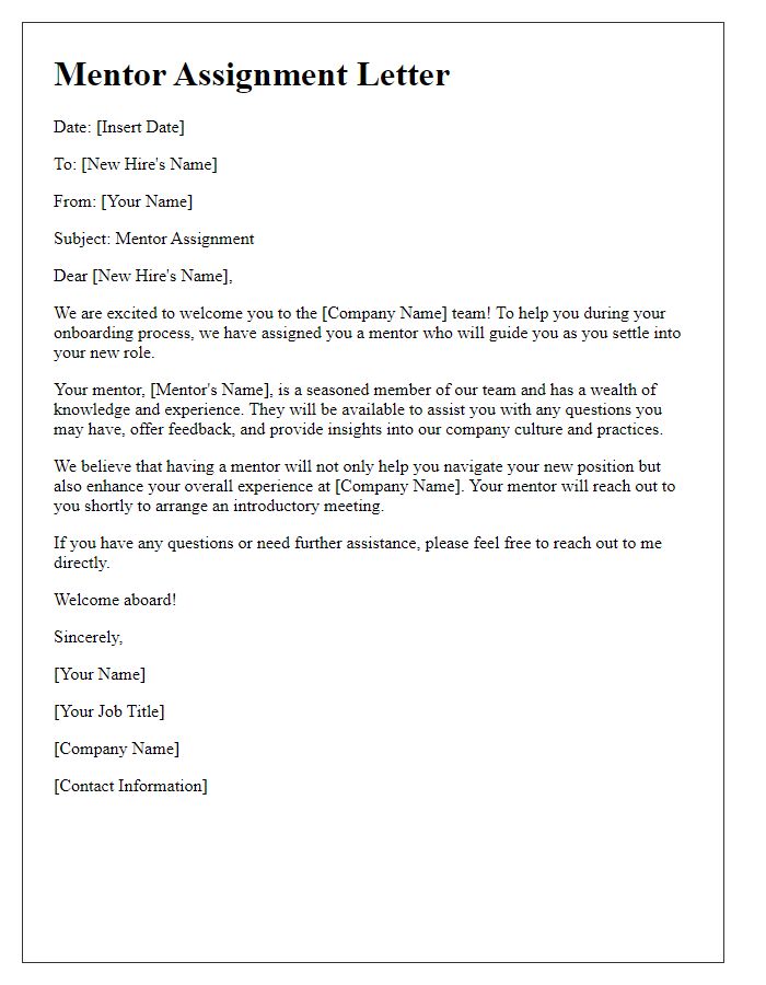 Letter template of mentor assignment for new hires