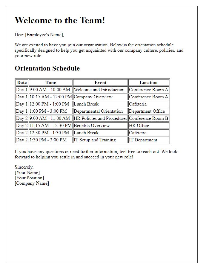 Letter template of orientation schedule for new staff