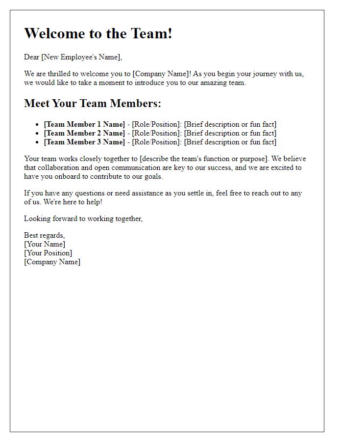 Letter template of team introduction for onboarding new employees