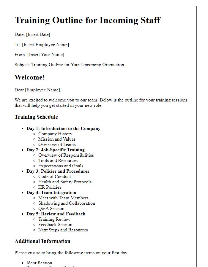 Letter template of training outline for incoming staff