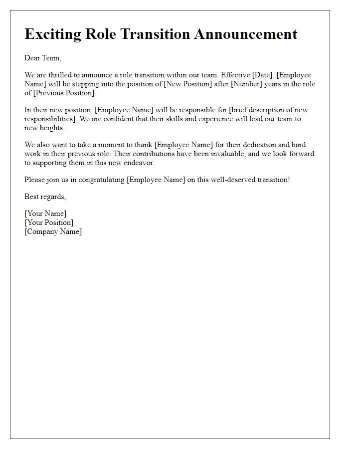 Letter template of role transition announcement for company newsletter