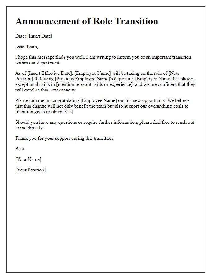 Letter template of role transition announcement for department heads