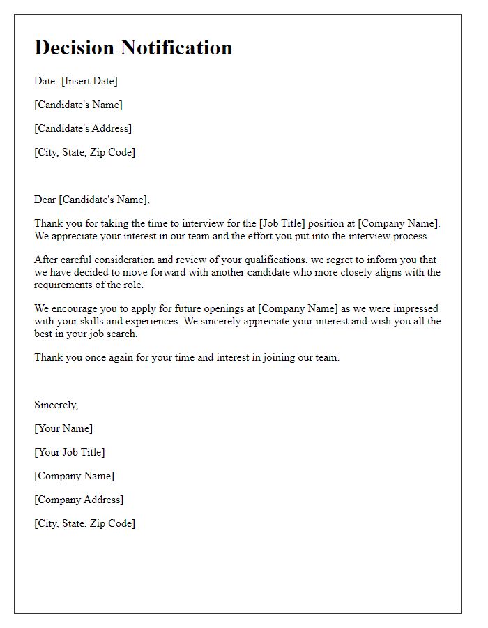 Letter template of decision notification post-interview