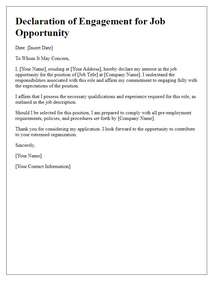 Letter template of declaration for job opportunity engagement